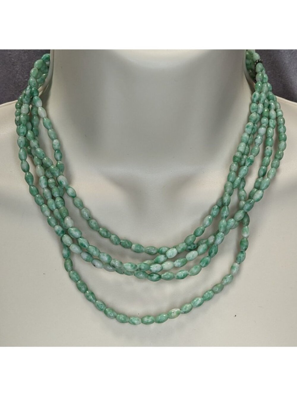 Vintage Layered Stone Necklace Green White Boho Chic Statement Multi Strand Jewe - Picture 3 of 6